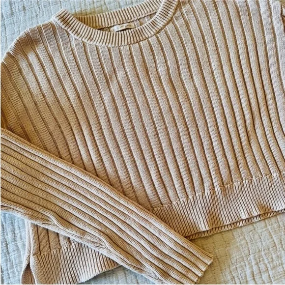 LA Hearts Ribbed Cropped Knit Sweater 100% Cotton | Women’s Large | Neutral Cozy - Picture 3 of 8